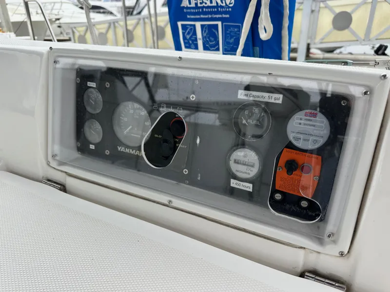 Slide: The Image of Control panel of a 2007 Hunter 44 Deck Salon sailboat with Yanmar engine gauges. - 30