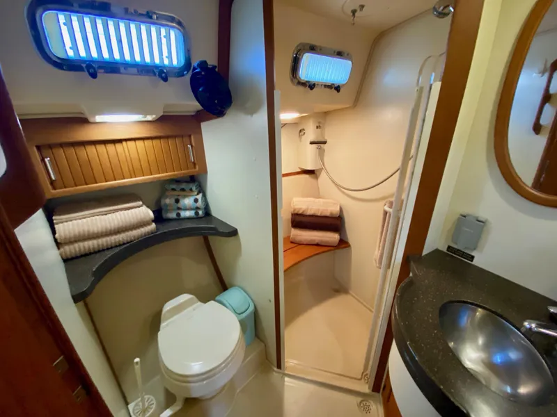 Slide: The Image of 2006 Island Packet 485 Center Cockpit bathroom with shower, sink, and storage shelves. - 49