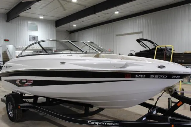 Slide: The Image of 2007 Campion Allante 545i BR boat on trailer in indoor storage facility. - 4