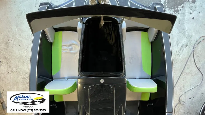 Slide: The Image of 2019 Heyday WT-1 boat interior with green and white seating, overhead view. - 4