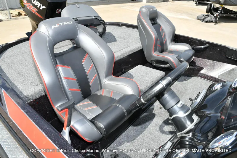 Slide: The Image of 2018 Nitro Z18 Pro boat interior with sleek seats and Mercury 175 Pro-XS engine. - 37
