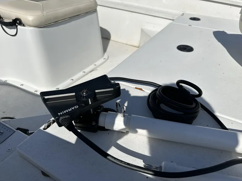 Slide: The Image of Garmin device on G3 Bay 17 BAY boat, 2022 model, with coiled cable on deck. - 8