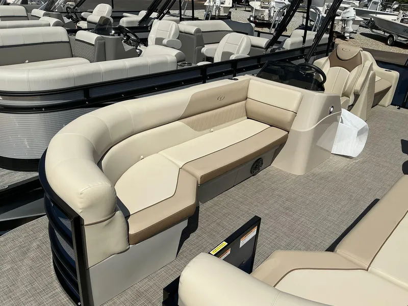 Slide: The Image of 2025 Veranda Vista View Series pontoon boat with beige seating and modern design. - 4