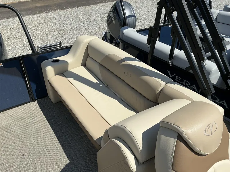 Slide: The Image of Luxurious seating on 2025 Veranda Vista View Series boat, featuring beige upholstery. - 7