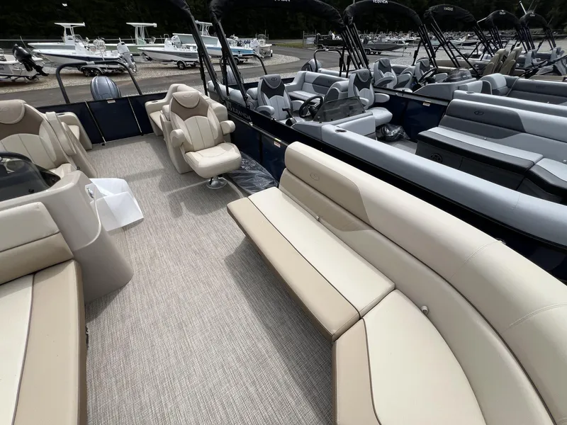 Slide: The Image of Luxurious Veranda Vista View Series 2025 pontoon boat with spacious seating and elegant design. - 4