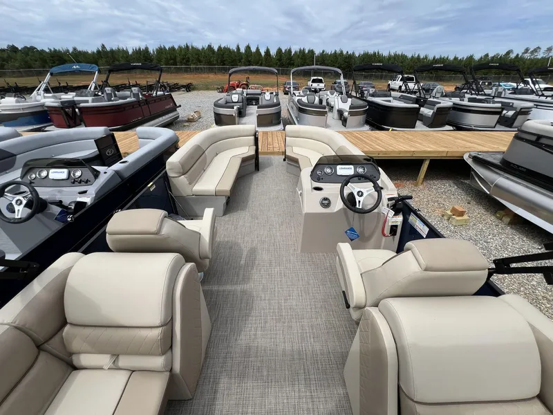 Slide: The Image of 2025 Veranda Vista View Series pontoon boat with luxurious seating and modern dashboard. - 5