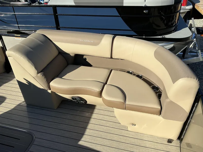 Slide: The Image of Luxurious seating on 2025 Veranda Relax Series 22RC pontoon boat, featuring beige upholstery. - 20