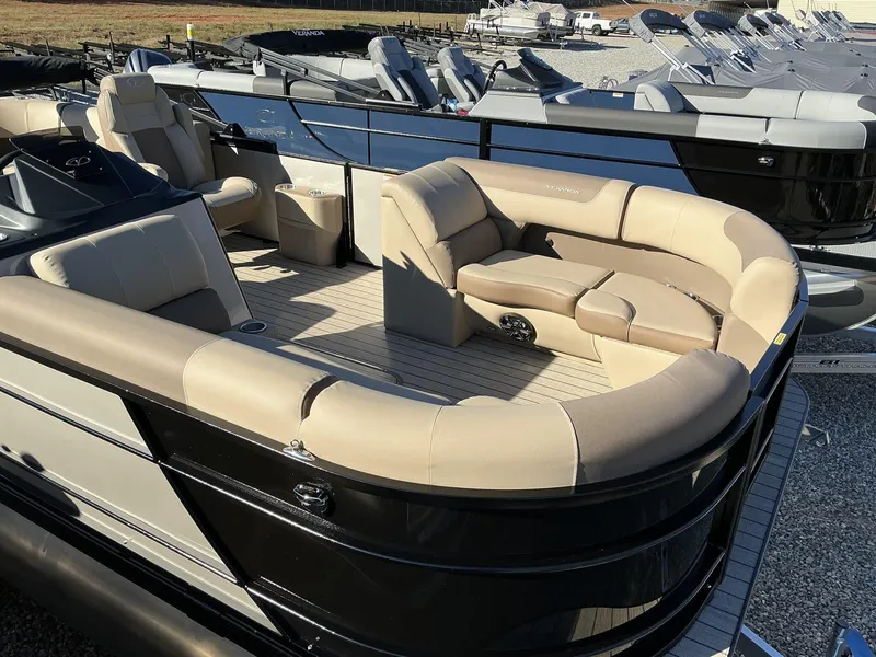 Slide: The Image of 2025 Veranda Relax Series 22RC pontoon boat with luxurious seating and sleek design. - 21