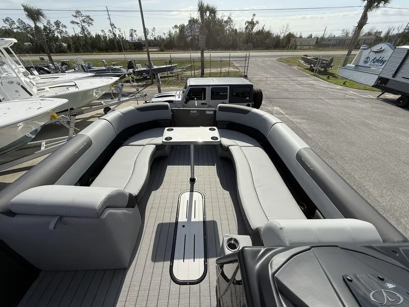 Slide: The Image of 2025 Veranda Relax Series VR25RC pontoon boat with spacious seating and sleek design. - 17