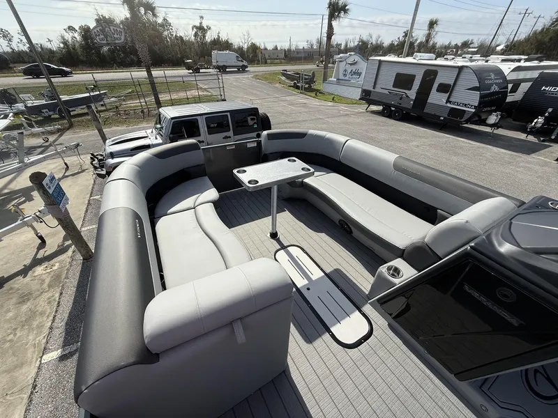 Slide: The Image of 2025 Veranda Relax Series VR25RC pontoon boat with spacious seating and modern design. - 5