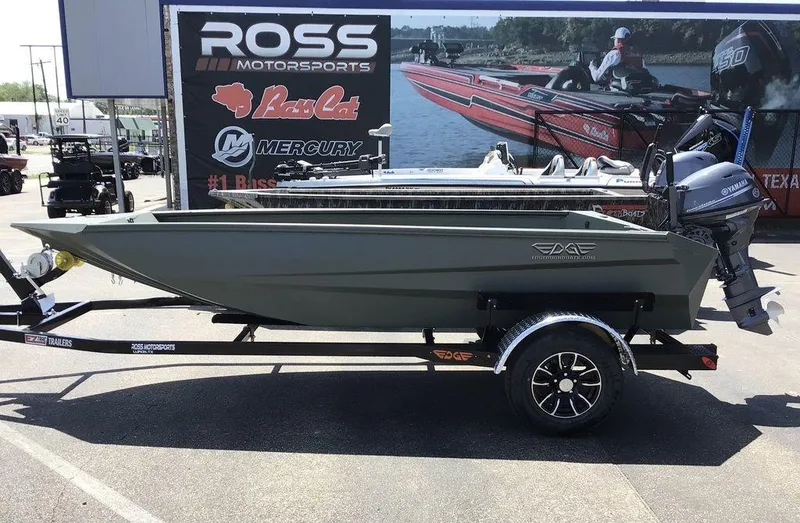 Slide: The Image of 2025 Edge Duck Boats 550-SP on trailer, displayed at Ross Motorsports dealership. - 2