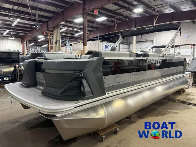 Slide: The Image of 2025 Tahoe Geofish 2385 pontoon boat with Honda 4-Stroke EFI in showroom. - 48