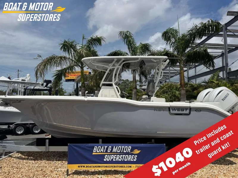 Slide: The Image of 2025 Key West 260 boat displayed at Boat & Motor Superstores, $1040/month offer. - 0
