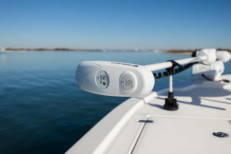 Slide: The Image of 2024 Sea Born FX22 Bay boat with trolling motor on calm water. - 17