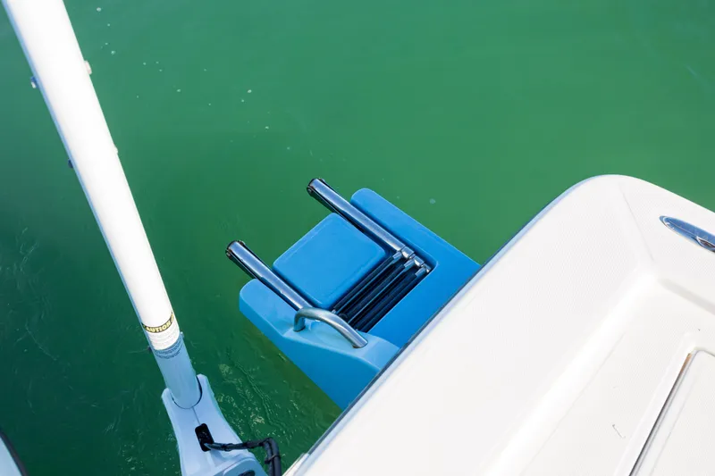 Slide: The Image of 2024 Sea Born FX22 Bay boat ladder over green water. - 30