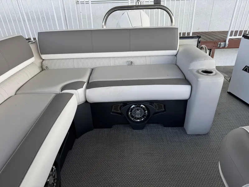 Slide: The Image of Luxurious seating on 2025 Avalon Catalina Entertainer 27' boat with modern design and speaker system. - 19