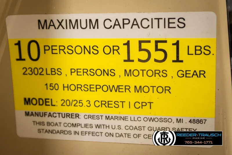 Slide: The Image of Maximum capacity label for 2017 Crest 200 L CPT boat, 10 persons or 1551 lbs. - 47