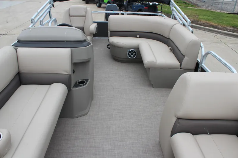 Slide: The Image of 2025 Sun Tracker Party Barge 18 DLX interior with spacious seating and modern design. - 14