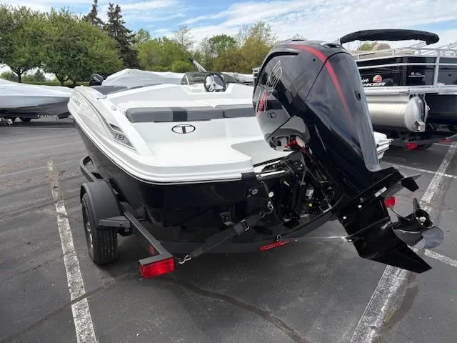 Slide: The Image of 2025 Tahoe T18 boat with outboard motor on trailer in parking lot. - 1