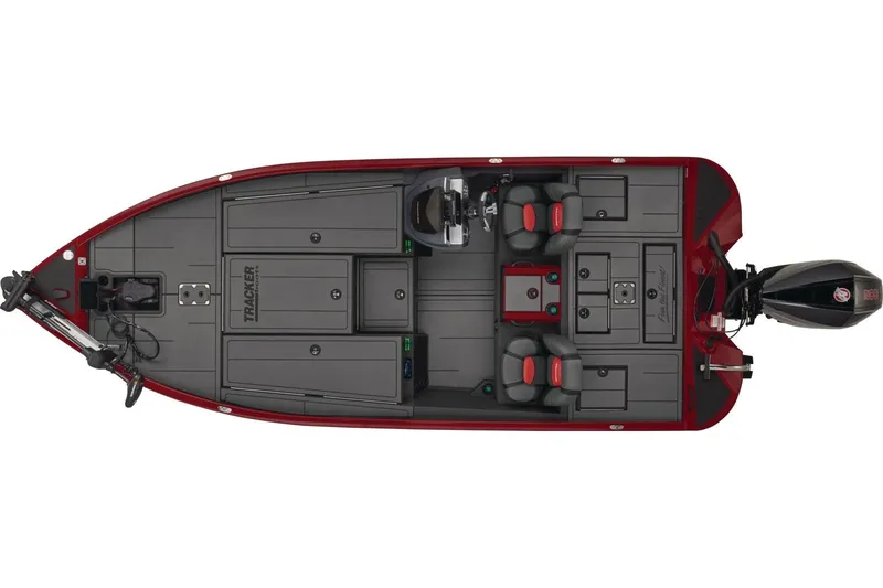 Slide: The Image of Top view of 2025 Tracker Savage 215 fishing boat with seating and storage compartments. - 11
