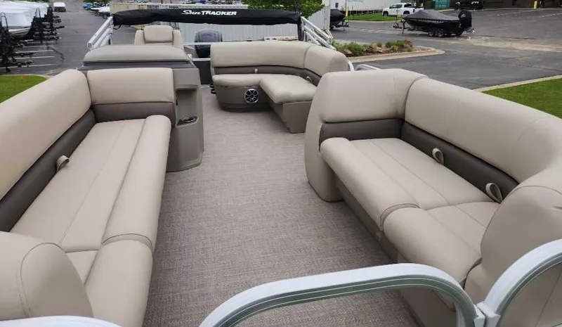 Slide: The Image of 2025 Sun Tracker Party Barge 18 DLX with spacious seating and modern design. - 48