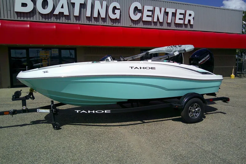 Slide: The Image of 2025 Tahoe T16 boat on trailer at Boating Center. - 1