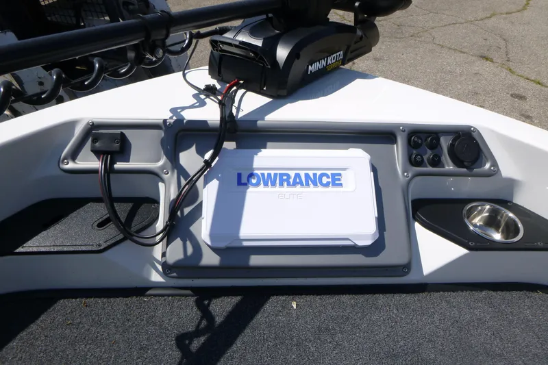 Slide: The Image of 2024 Ranger 1850MS boat dashboard with Lowrance Elite and Minn Kota trolling motor. - 12