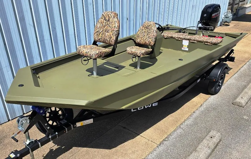 The Image of 2025 Lowe Roughneck RX1860 RAMBLER boat with camouflage seats on trailer. - 0