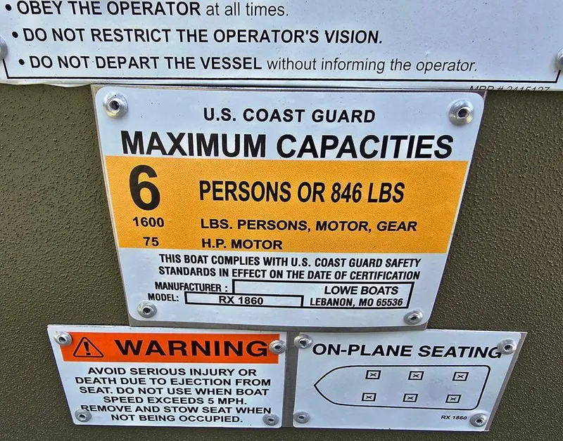 Slide: The Image of U.S. Coast Guard capacity label for Lowe RX1860 RAMBLER, 2025 model, with safety warnings. - 11