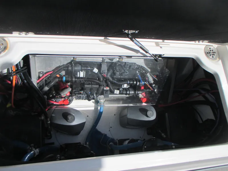 Slide: The Image of Engine compartment of 2023 Sea Fox 328 Commander boat, showcasing wiring and components. - 34