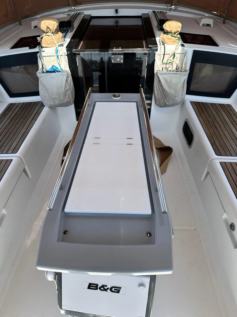 Slide: The Image of Beneteau Oceanis 41 cockpit, 2012 model, featuring sleek design and modern navigation equipment. - 28