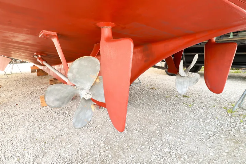 Slide: The Image of Underwater view of 1994 Grand Banks 49 Motoryacht propellers and rudders on dry dock. - 35