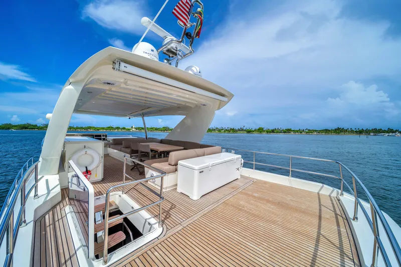 Slide: The Image of Luxurious 2015 Prestige 750 yacht with spacious deck and seating, cruising on a sunny day. - 14