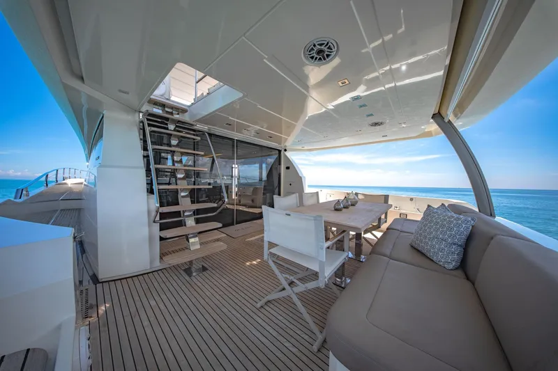 Slide: The Image of Luxurious 2015 Prestige 750 yacht deck with seating, dining area, and ocean view. - 23