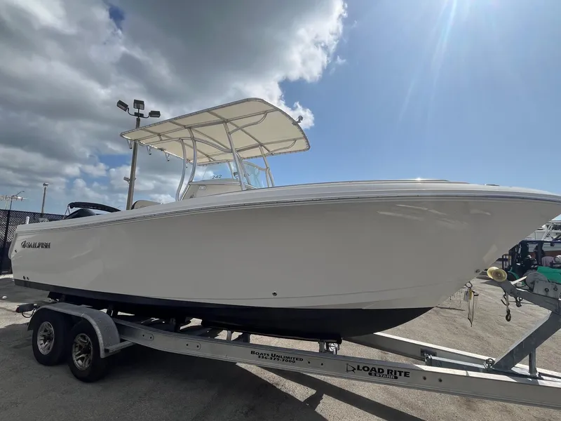 Slide: The Image of 2022 Sailfish 242 CC boat on trailer under cloudy sky. - 1
