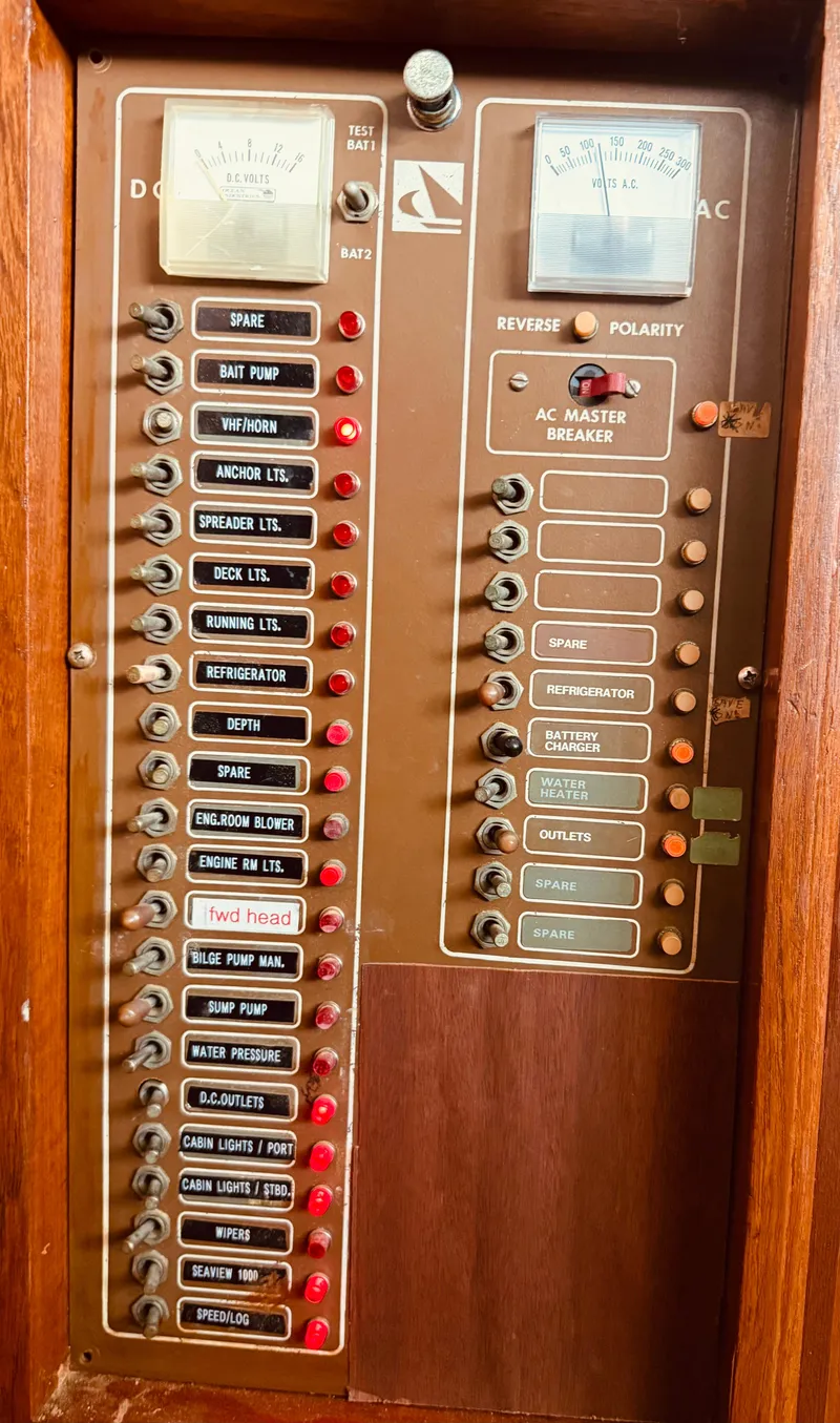 Slide: The Image of Electrical panel of a 1980 C & L Sea Ranger boat with labeled switches and meters. - 26