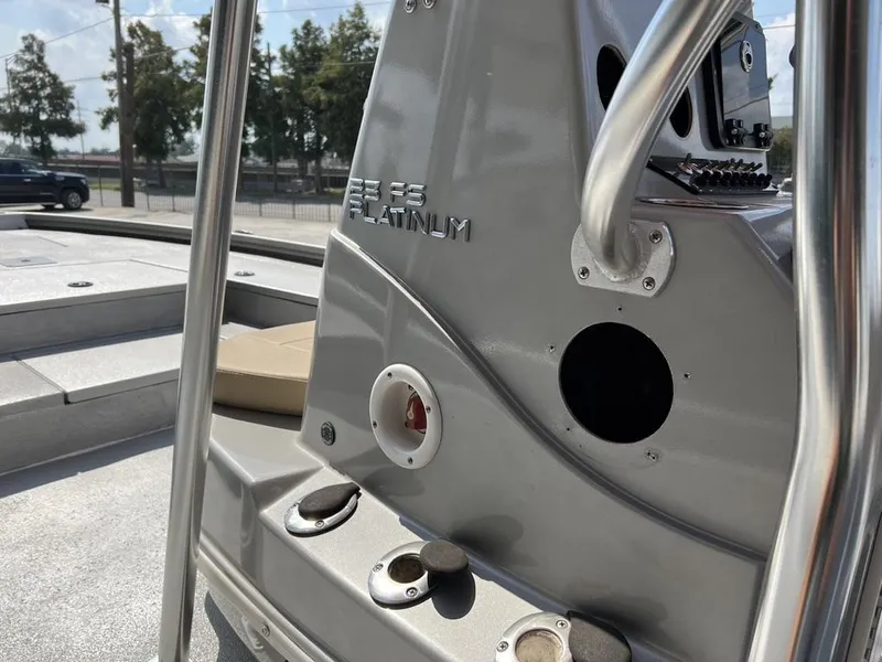 Slide: The Image of 2020 Avid 23 FS Platinum boat console with sleek design and metallic finish. - 8