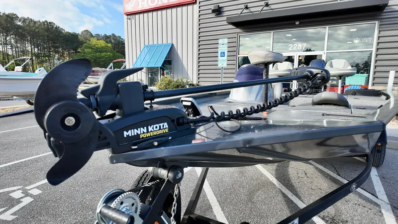 Slide: The Image of 2021 G3 Sportsman 1610 boat with Minn Kota PowerDrive motor in a dealership lot. - 4