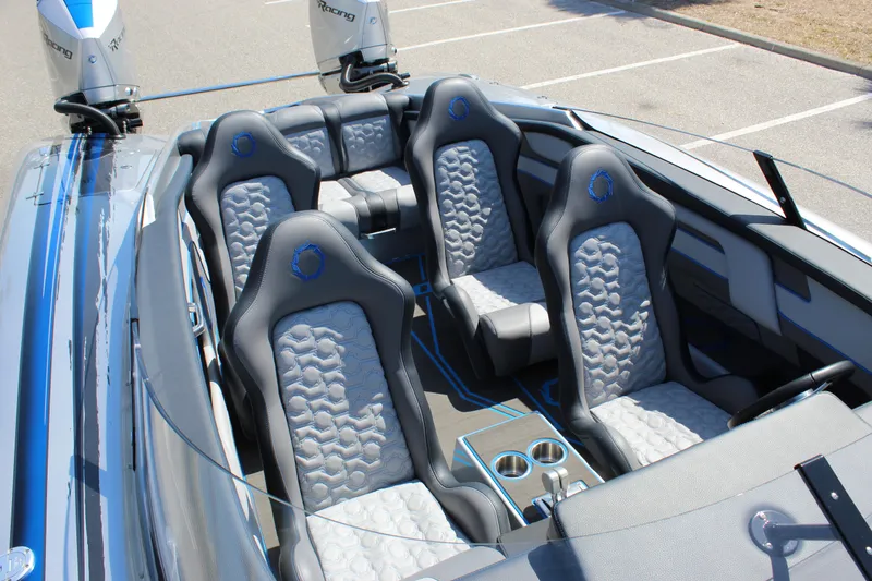 Slide: The Image of 2025 Fountain 34 Thundercat interior with sleek, modern seating and dual engines. - 10
