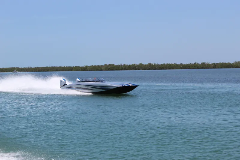 Slide: The Image of 2025 Fountain 34 Thundercat speedboat cruising on open water. - 4