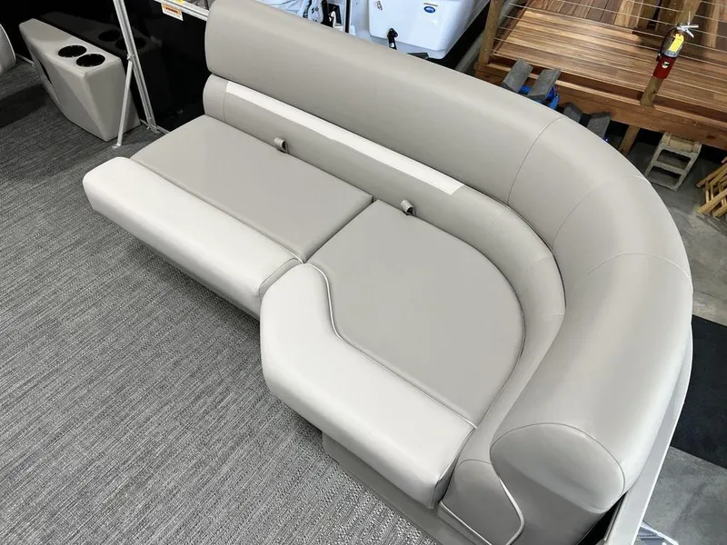 Slide: The Image of 2025 Godfrey Xperience 2086 CX boat seating, featuring sleek gray upholstery and modern design. - 6