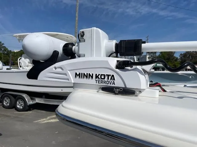 Slide: The Image of Minn Kota Terrova motor on 2021 Key West 239 FS boat, parked on trailer. - 21