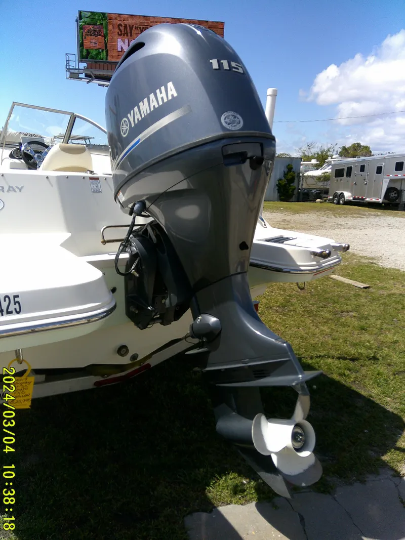 Slide: The Image of 2019 Stingray 191 Dual Console boat with Yamaha 115 outboard motor, parked on grass. - 9