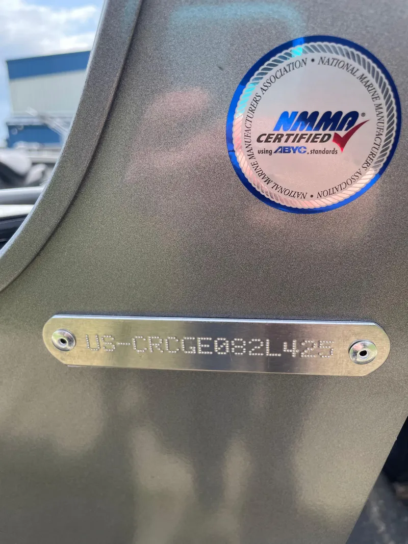 Slide: The Image of 2025 Crestliner 1750 Hawk SC boat with NMMA certification sticker and serial number plate. - 20