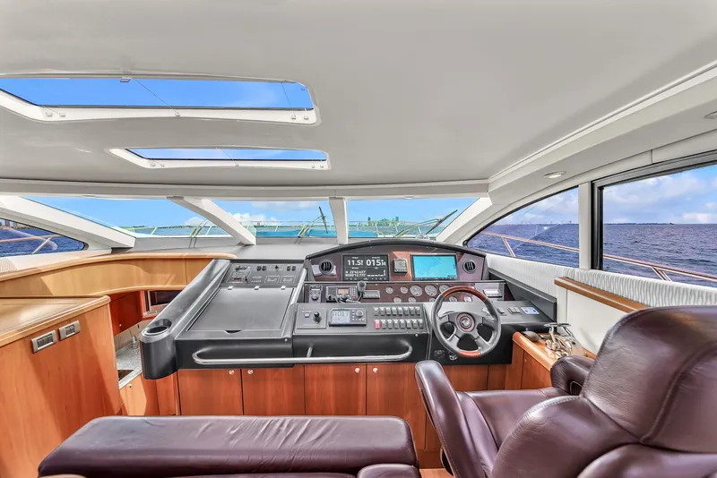 Slide: The Image of Luxurious 2006 Sunseeker Predator 72 yacht interior with modern helm and panoramic ocean views. - 35
