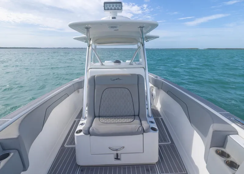 Slide: The Image of 2021 Blackwater 36 Sport boat on open water, featuring sleek seating and modern design. - 7