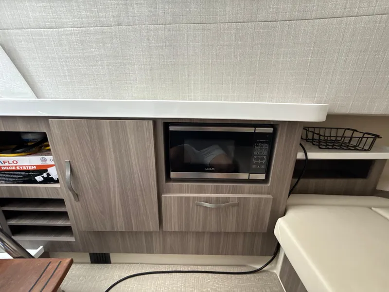 Slide: The Image of 2021 Regal 38 SAV interior with microwave, cabinetry, and modern design elements. - 30