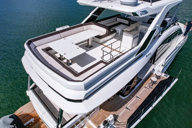 Slide: The Image of Luxury Galeon 640 Fly yacht, 2020 model, featuring spacious upper deck and modern design. - 11