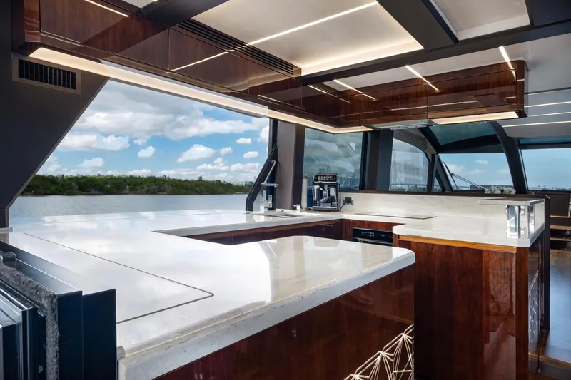 Slide: The Image of Luxurious interior of 2020 Galeon 640 Fly yacht with modern kitchen design. - 23