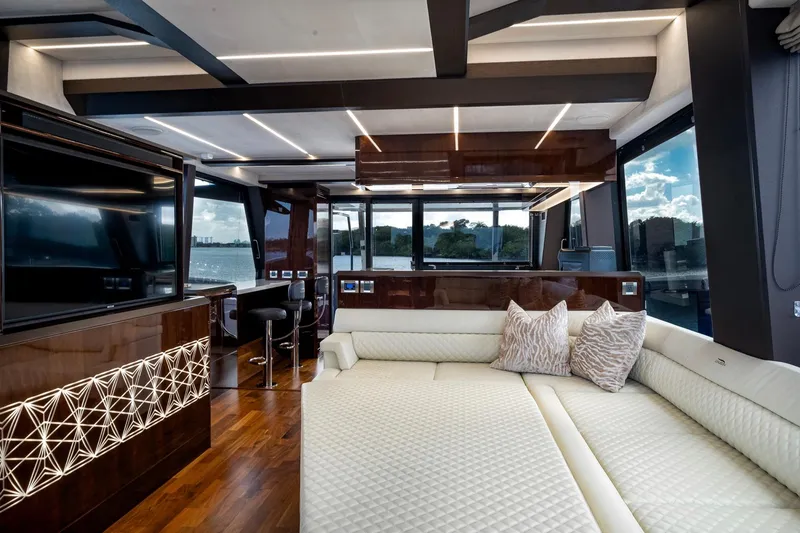 Slide: The Image of Luxurious interior of 2020 Galeon 640 Fly yacht with modern design and plush seating. - 26